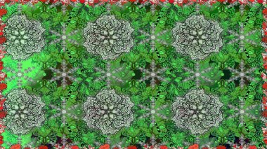 Yeşil yeşile. El çizimi çiçek unsurları olan soyut, dikişsiz raster deseni. Retro tekstil tasarım koleksiyonu. Çiçekli ipek eşarp. 1950 'ler-1960' lar motifleri.