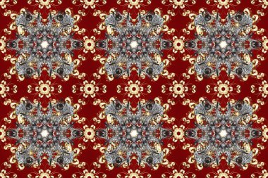 Kırmızı, gri ve kahverengi renklerde, altın elementlerle kusursuz klasik desen. Noel, kar tanesi, yeni yıl 2019.