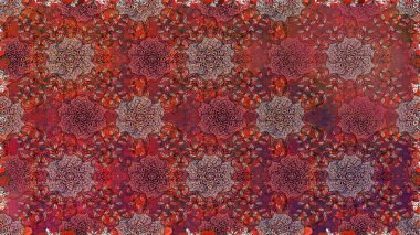 İşlemeli çiçekli, dikişsiz desen. Renkli grunge, soyut arkaplanı colokahverengi çiçeklerle süslüyor. İzler, kumaş, duvar kağıtları, tekstil için raster dokusu.