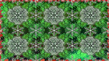 Yeşil renkte etnik çiçeklerle kusursuz bir desen. Asya Tekstil 'inde Raster Çiçek İllüstrasyonu.