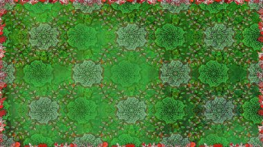 Çiçeksiz desenli nakış işlemeli gelincikler ve vadideki zambaklar. Tekstil tasarımı için yeşil renkli geleneksel halk çiçekleri buketi.