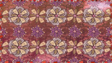 İşlemeli çiçekli, dikişsiz desen. Renkli grunge, soyut arkaplanı colokahverengi çiçeklerle süslüyor. İzler, kumaş, duvar kağıtları, tekstil için raster dokusu.