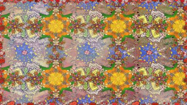 Renkli desenli kusursuz desenler, tarafsız çiçekler ve dekoratif elementler. Kusursuz bir geçmişi var. Raster illüstrasyonu. Kumaş, tekstil, duvar kağıdı baskısı için. Antika retro tarzı.