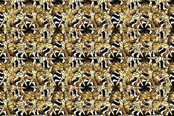 Damask arkaplanı tekerrür ediyor. Barok tarzında altın çiçek süsü. Antika altın tekrarlanabilir duvar kağıdı. Siyah ve sarı renkler üzerine altın element.