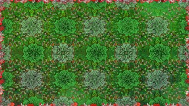 Yapraklı çiçekler ve yeşil renkli papatya çiçekleri. Kusursuz bir arka plan modeli. Raster - stok.