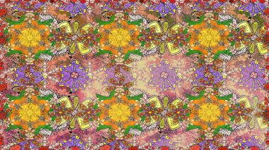 Çiçeklerle suluboya desenli çiçek deseni. Raster illüstrasyonu. Kahverengi renkli Asyalı tekstil.