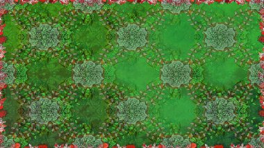 Yeşil renkli şirin çiçek deseni. Raster Modaya uygun kumaş deseni. Renkli Bahar Temalı Kusursuz Arkaplan. Düz Çiçek Elementleri Tasarımı.