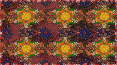 Çiçeksel fantezi tasarımı, parlak bir arka planda, kusursuz bir desen. Renkli Bahar Temalı Kusursuz Arkaplan. Düz Çiçek Elementleri Tasarımı.