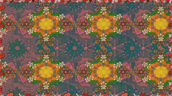 Çiçeksel fantezi tasarımı, parlak bir arka planda, kusursuz bir desen. Renkli Bahar Temalı Kusursuz Arkaplan. Düz Çiçek Elementleri Tasarımı.