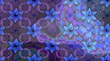 Çok mavi, zarif küçük çiçekler ve mavi renkli komik böcekler, raster desen, illüstrasyon.