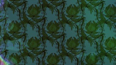 Yeşil renkli etnik çiçeklerle süslenmiş zarif bir eskiz şekli. Raster Çiçek İllüstrasyon Şirin Tekstil.