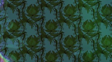 Yeşil renkli etnik çiçeklerle süslenmiş zarif bir eskiz şekli. Raster Çiçek İllüstrasyon Şirin Tekstil.