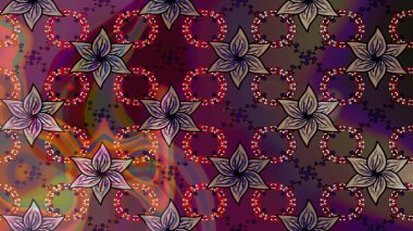 Renkli desenli eskiz deseni, kahverengi çiçekler ve dekoratif elementlerle. Eskiz geçmişi. Raster illüstrasyonu. Kumaş, tekstil, duvar kağıdı baskısı için. Antika retro tarzı.