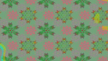 Raster illüstrasyonu. Güzel kar tanesi. Soyut kış yeşil ve gri süslemeleri. Renkli arka planda izole tatlı kar taneleri. Yuvarlak raster kar tanesi.