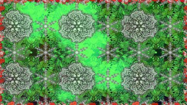 Çok yeşil zarif küçük çiçekler ve yeşil renkli komik böcekler, raster desen, illüstrasyon.