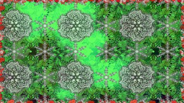 Çok yeşil zarif küçük çiçekler ve yeşil renkli komik böcekler, raster desen, illüstrasyon.