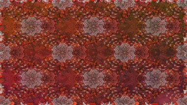 Renkli Bahar Temalı Kusursuz Arkaplan. Raster Modaya uygun kumaş deseni. Kahverengi renkli şirin çiçek deseni. Düz Çiçek Elementleri Tasarımı.