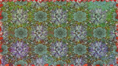 Raster illüstrasyonu. Çiçekli, suluboya desenli kusursuz çiçek deseni. Düz Çiçek Elementleri Tasarımı. Yeşil renkli çiçekler. Renkli Bahar Teması Kusursuz Arkaplan.