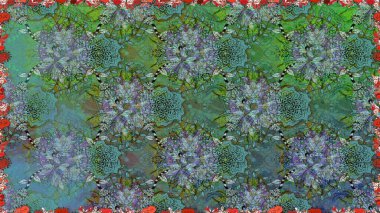 Çiçeksel elementlerle süslenmiş zarif raster dokusu. Küçük çiçekte hoş bir çiçek deseni var. Yeşil renkler ve parlak çiçekler üzerinde soyut, pürüzsüz desen.