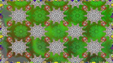 Yeşil renkte etnik çiçeklerle kusursuz bir desen. Asya Tekstil 'inde Raster Çiçek İllüstrasyonu.