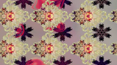 Suluboya elle çizilmiş çiçek desenli eskiz deseni. Parlak renkli fantezi çiçekleri, yapraklar, bej renkli tomurcuklar.