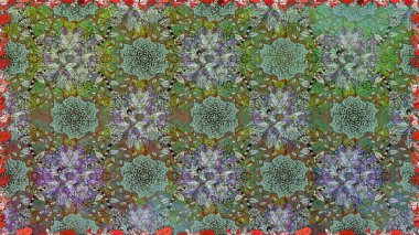 Raster illüstrasyonu. Çiçekli, suluboya desenli kusursuz çiçek deseni. Düz Çiçek Elementleri Tasarımı. Yeşil renkli çiçekler. Renkli Bahar Teması Kusursuz Arkaplan.