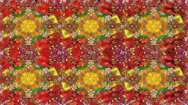 Küçük çiçekteki sevimli çiçek deseni. Bir sürü kırmızı ve soyut çiçekli tropik, pürüzsüz bir desen. Renkli raster pürüzsüz illüstrasyon.