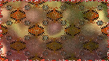 Raster illüstrasyonu. Çiçek duvar kağıdı. Kusursuz desen. Hint süsü. Kahverengi renklerde. Renkli süs kenarı.