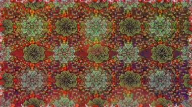 İşlemeli çiçekli, dikişsiz desen. Parmak izi, kumaş, duvar kâğıdı, tekstil için raster dokusu. Renkli grunge soyut arkaplanı colokahverengi çiçeklerle zenginleştirir.