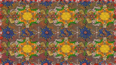 Küçük çiçekteki sevimli çiçek deseni. Birçok kahverengi, yeşil ve sarı soyut çiçekli tropik, pürüzsüz desen. Varicolobrown, yeşil ve sarı raster pürüzsüz çizim.