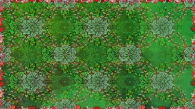 Raster Çiçek İllüstrasyonu güzel tekstil. Yeşil renkli etnik çiçeklerle kusursuz bir desen..