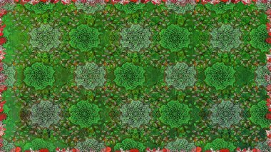 Raster Güzel kumaş deseni. Raster suluboya deseni, narin çiçekler, yeşil çiçekler, tebrik kartı şablonu..