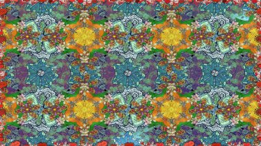 Raster - stok. Yapraklı çiçekler ve yeşil, mavi ve nötr renklerde papatya çiçekleri. Kusursuz arkaplan deseni.