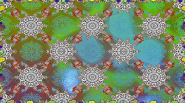 Raster Çiçek İllüstrasyonu 'nun şirin tekstili. Yeşil renkli etnik çiçeklerle kusursuz bir desen..