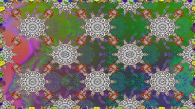 Bahar Tema Dikişsiz desen arka plan rengi. Düz çiçek öğeleri tasarım. Raster çizimde sorunsuz çiçek desenli. Fantezi kumaş deseni.