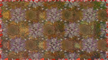 Raster illüstrasyonu. Patlayan çiçekler soyut olarak yerleştirilmiş. Kahverengi renklerde bahar çiçekleri. Raster deseni.