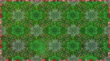 Renkli grunge soyut arkaplanı koloyeşil çiçeklerle süslüyor. İşlemeli çiçekli, dikişsiz desen. İzler, kumaş, duvar kağıtları, tekstil için raster dokusu.