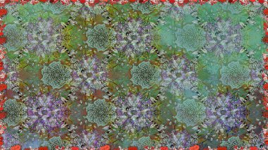 Çiçek buketleriyle klasik tarzda kusursuz desenler. Yeşil renklerde. Raster illüstrasyonu.