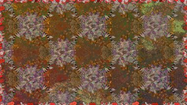 Halk tarzı. Parlak renkli çiçekleri ve kahverengi renkli yaprakları olan kusursuz çiçek desenleri. Modern çiçek arkaplanı. Moda baskıları için zarif bir şablon.