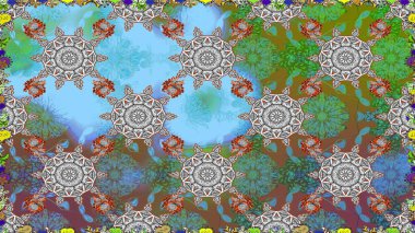 Düz Çiçek Elementleri Tasarımı. Raster illüstrasyonu. Kusursuz desenli, modaya uygun kumaş deseni. Şirin çiçek elementleri. Renkli Bahar Teması Kusursuz Arkaplan.