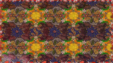 Vadinin çiçekleri kahverengi, yeşil ve mor renklerde. Çiçekler. Soyut etnik raster pürüzsüz desen.