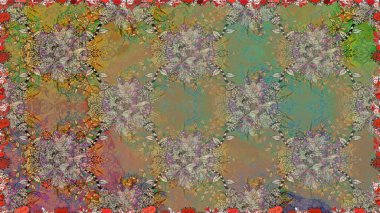 Raster Floral Illustration, Asyalı tekstil. Bej renkli etnik çiçeklerle kusursuz bir desen..