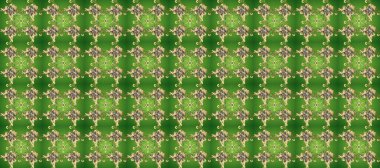Tekrarlayan elementlerle kusursuz soyut arkaplan. Klasik raster şablonu. Bej, yeşil ve altın desenli.