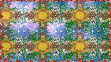 Raster illüstrasyonu. Yeşil, nötr ve mavi renkte. 3D çiçekler, pürüzsüz.