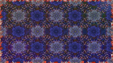 Halk tarzı. Parlak renkli çiçekleri ve mor renkli yaprakları olan kusursuz çiçek desenleri. Moda baskıları için zarif bir şablon. Modern çiçek arkaplanı.