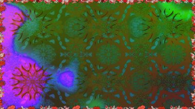 Renkli grunge soyut arkaplanı koloyeşil çiçeklerle süslüyor. İşlemeli çiçekli, dikişsiz desen. İzler, kumaş, duvar kağıtları, tekstil için raster dokusu.