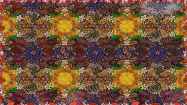 Renkli grunge soyut arka planda colokahverengi, yeşil ve menekşe çiçekleri ile zenginleşir. Parmak izi, kumaş, duvar kâğıdı, tekstil için raster dokusu. İşlemeli çiçek desenli..