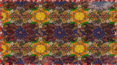 Renkli grunge soyut arka planda colokahverengi, yeşil ve menekşe çiçekleri ile zenginleşir. Parmak izi, kumaş, duvar kâğıdı, tekstil için raster dokusu. İşlemeli çiçek desenli..