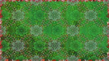 Yeşil renkli Asya tekstili. Raster illüstrasyonu. Çiçeklerle suluboya desenleri.