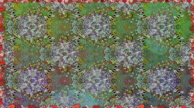 Kusursuz bir arka plan modeli. Raster - stok. Yapraklı çiçekler ve yeşil renkli papatya çiçekleri..